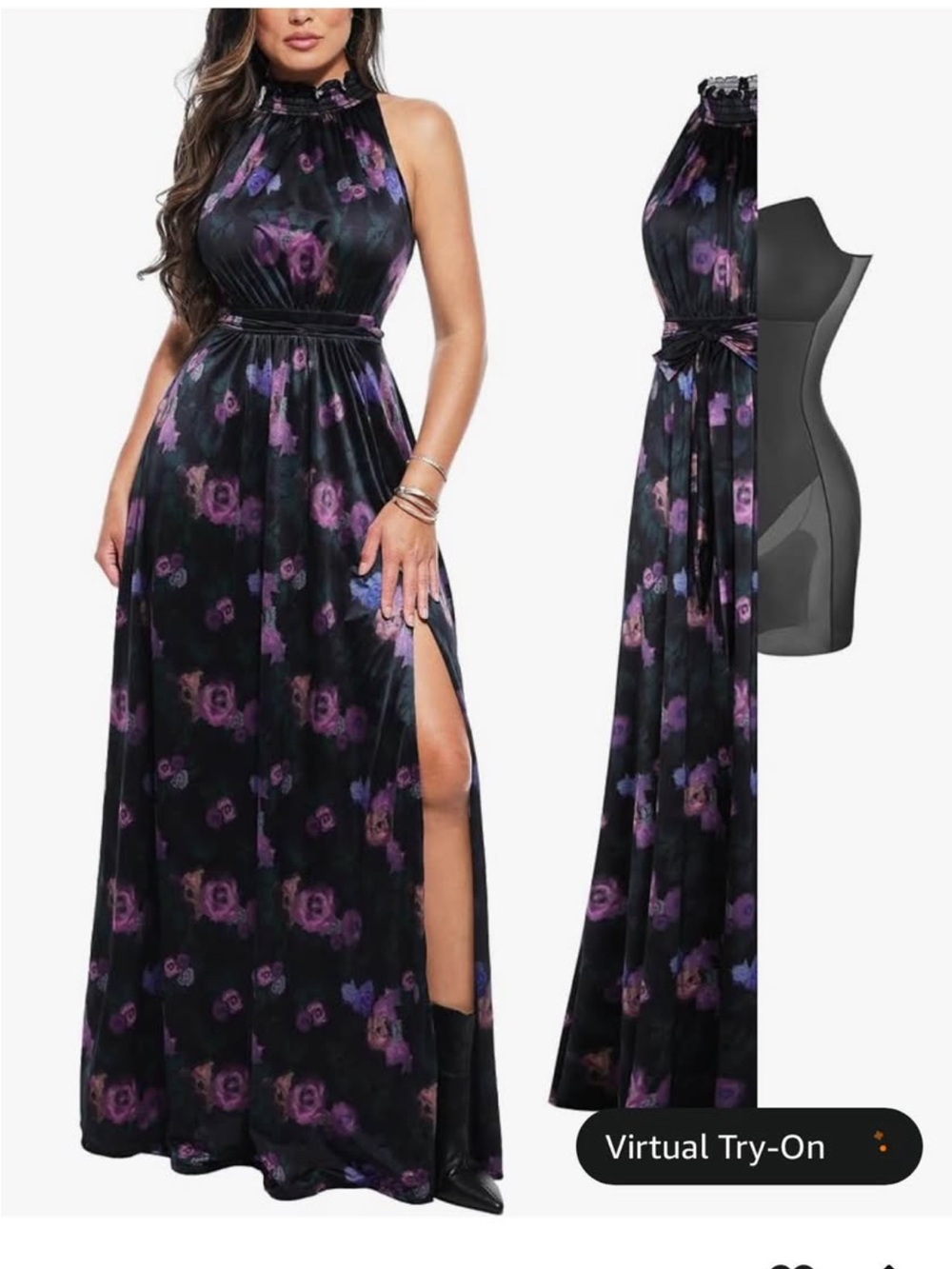 Popilush High-Neck Formal Black Maxi Dress with Purple Florals and Side Slit